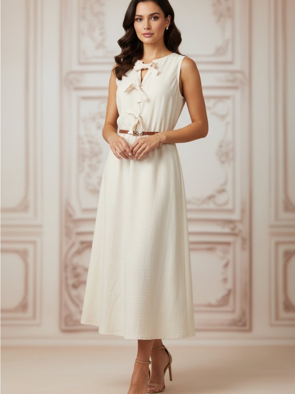 Beige Sleeveless Maxi Dress with Pearl Front Belt